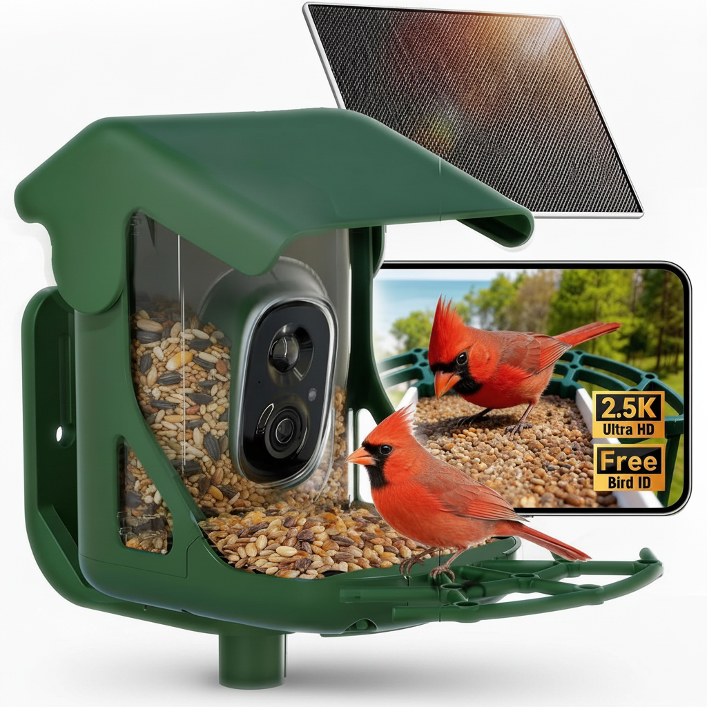 SkyWatch ProVision 2.5K™ Solar AI Bird Feeder — lifestyle hero image in backyard