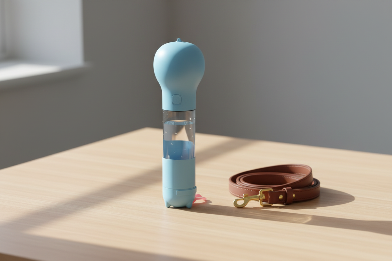 Vessel Tech AquaPaw 3-in-1 portable travel bottle in blue on a table next to a brown dog leash
