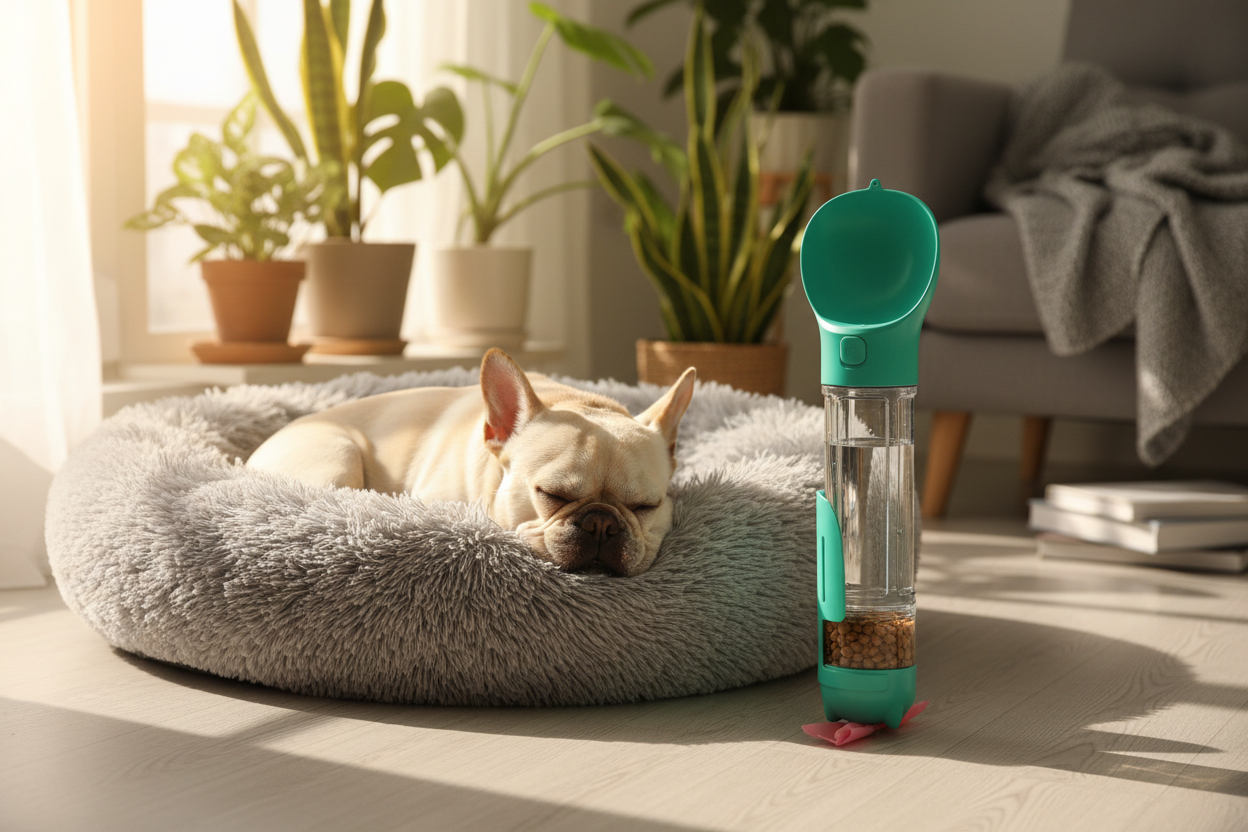 Vessel Tech AquaPaw 3-in-1 portable travel bottle in green next to a sleeping dog on a pet bed