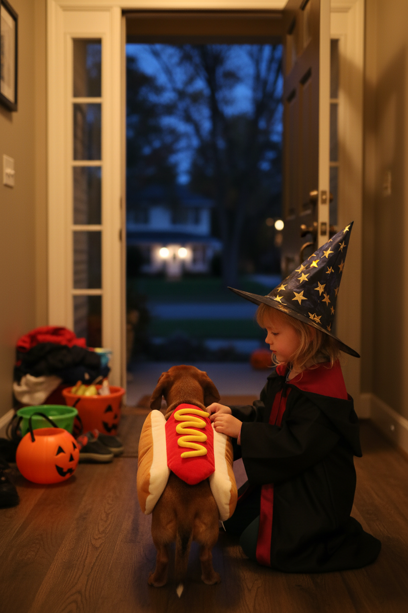 Dachshund in the Hot Dog Halloween costume getting ready in the hallway before trick-or-treating