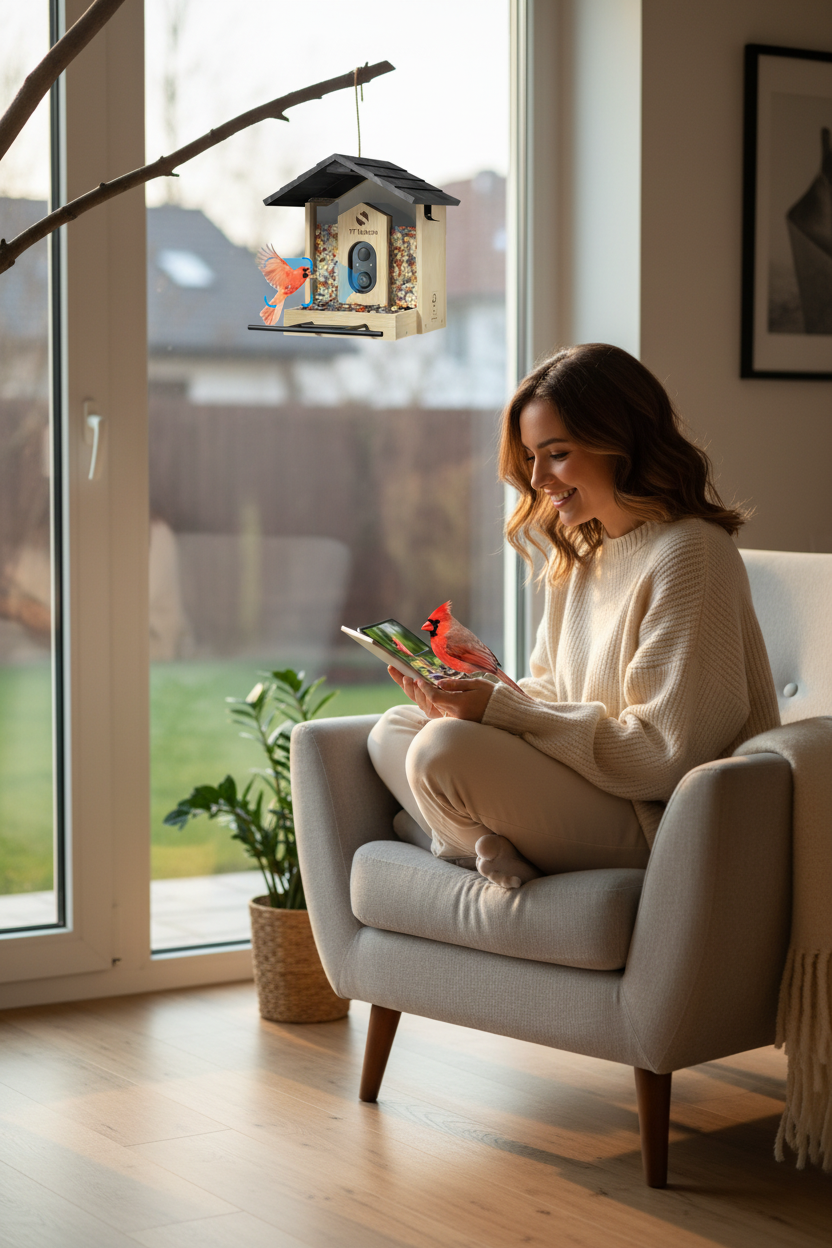 Indoor window lifestyle — watching Netvue Birdfy™ live bird feed from inside the home