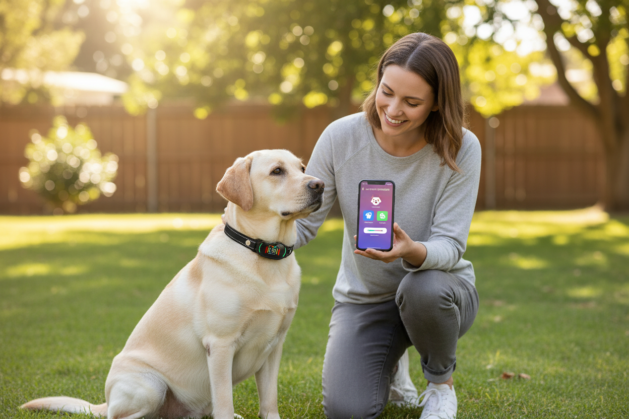 Vessel Tech PetJoy smart bark collar on a dog, with a smartphone displaying the app
