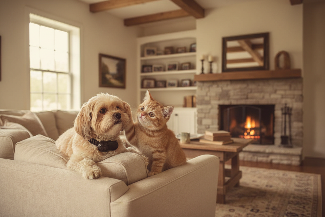 Vessel Tech Smart Pet Camera in black plastic, placed in a living room with a dog and cat.