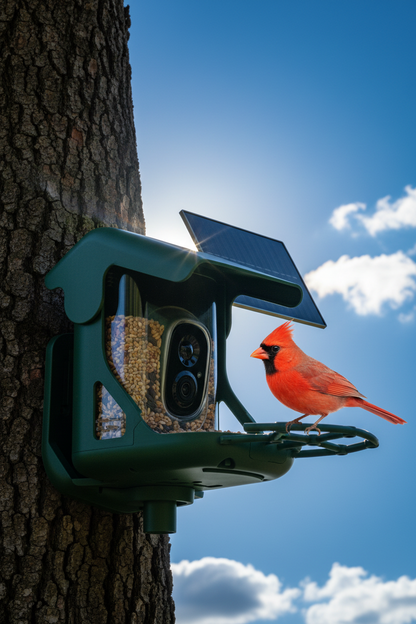 SkyWatch ProVision 2.5K™ bird feeder low angle shot — solar panel visible against open sky