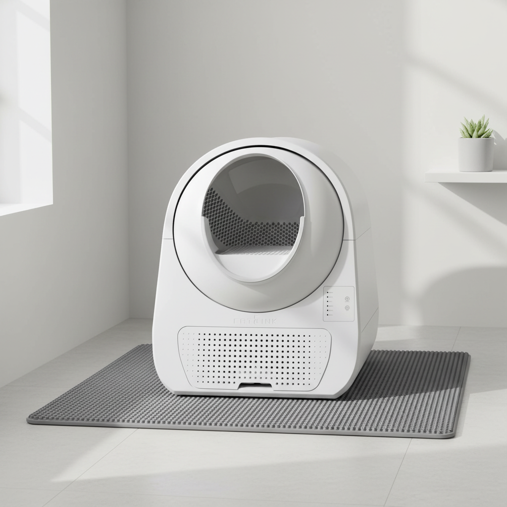 Vessel Tech gray cat litter mat placed under a modern litter box in a bright room.