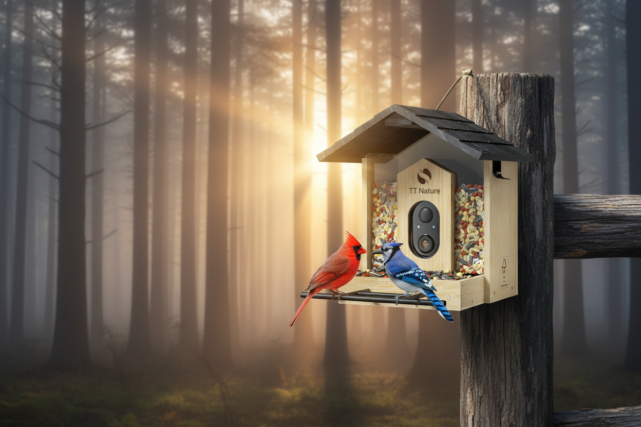 Netvue Birdfy™ Wood Bird Feeder in misty morning garden — serene lifestyle shot