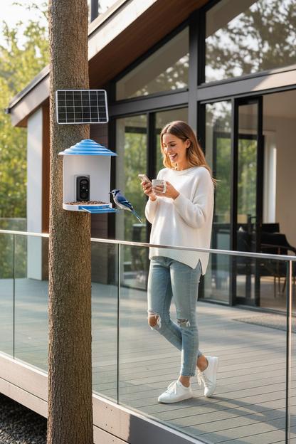 Vessel Tech Horizon™ Solar AI Bird Feeder installed on modern outdoor deck