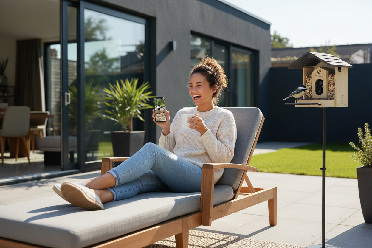 Netvue Birdfy™ AI Sanctuary Wood Feeder on modern patio — lifestyle shot