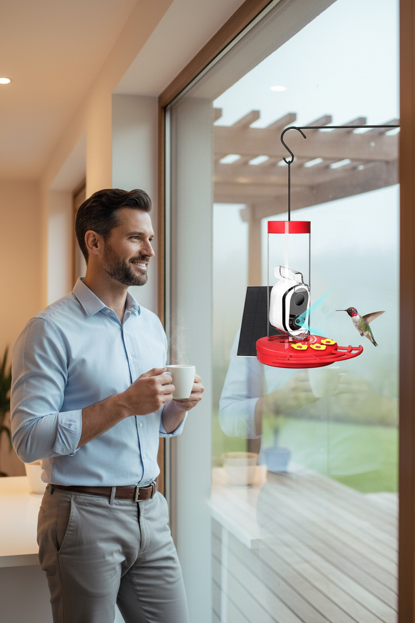 Morning birdwatching ritual — SkyWatch Hummingbird Pro™ live feed on phone by window