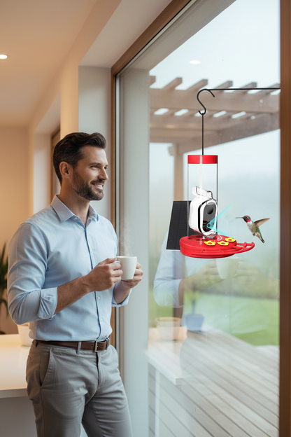 Morning birdwatching ritual — SkyWatch Hummingbird Pro™ live feed on phone by window