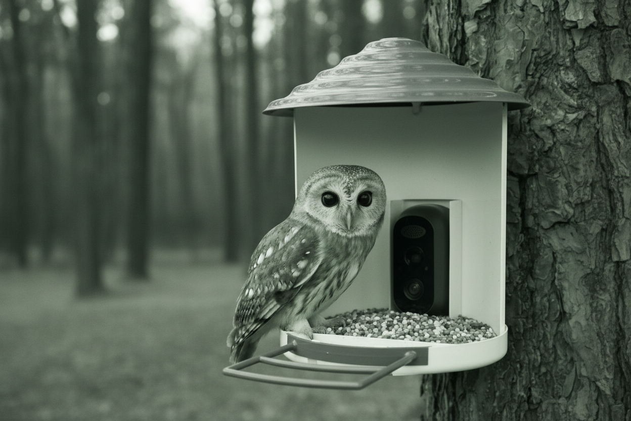 Vessel Tech DailySale Vessel One Solar AI Bird Navigator with owl, smart wildlife camera at bird feeder in forest