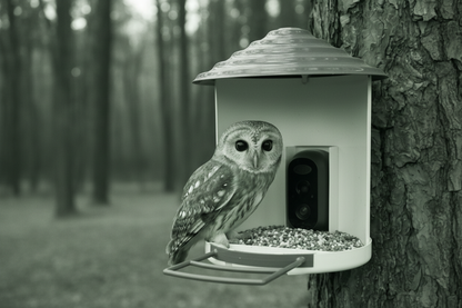 Vessel Tech DailySale Vessel One Solar AI Bird Navigator with owl, smart wildlife camera at bird feeder in forest