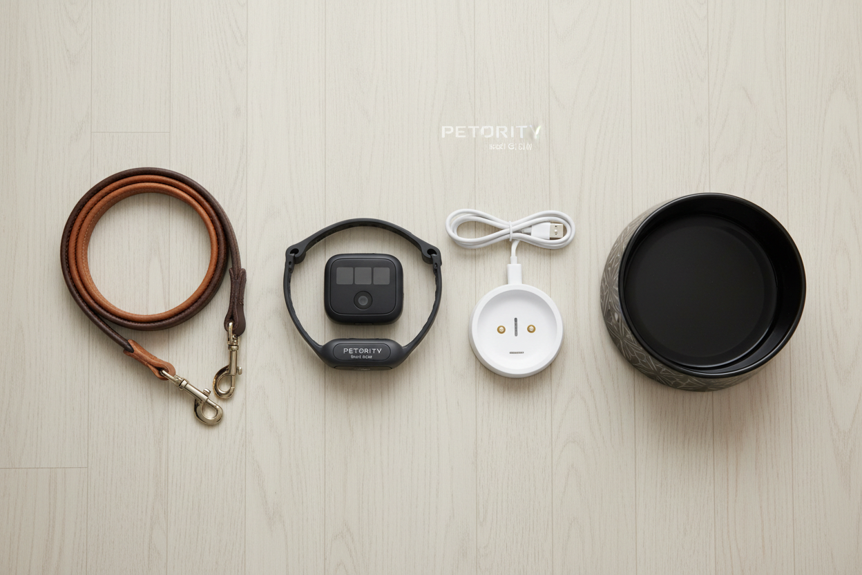 Vessel Tech Smart Pet Collar with charging dock, USB cable, and leash, arranged on a wooden surface.