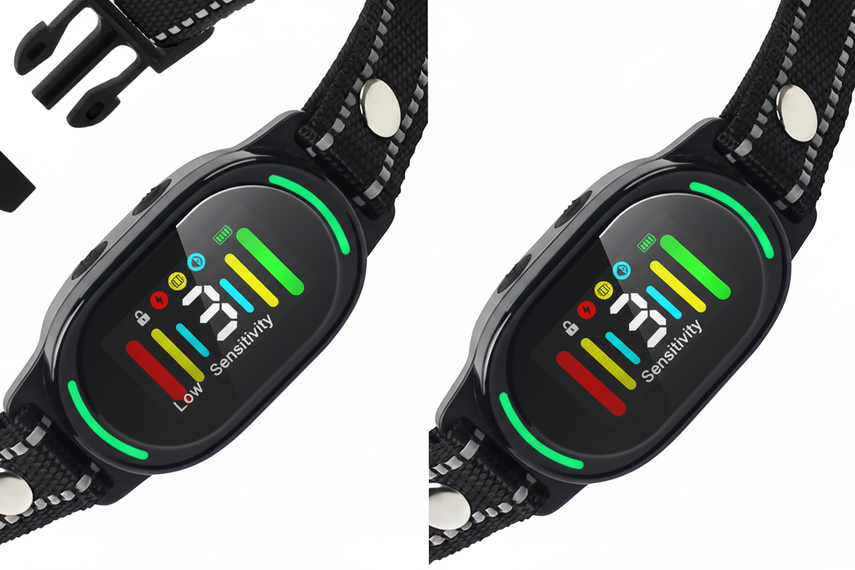 Vessel Tech PetJoy Smart Bark Collar close-up showing sensitivity settings and LED indicators