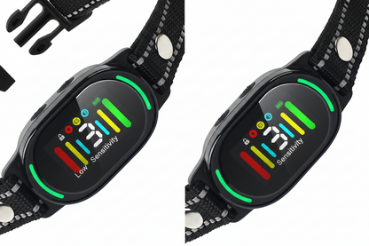 Vessel Tech PetJoy Smart Bark Collar close-up showing sensitivity settings and LED indicators