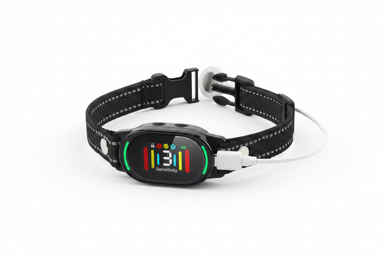 Vessel Tech PetJoy Smart Bark Collar with charging cable and adjustable strap on a white background