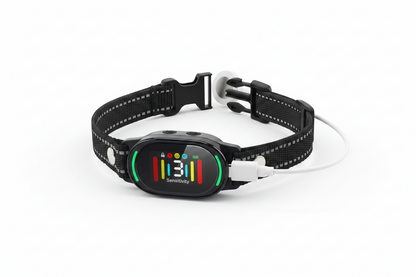 Vessel Tech PetJoy Smart Bark Collar with charging cable and adjustable strap on a white background