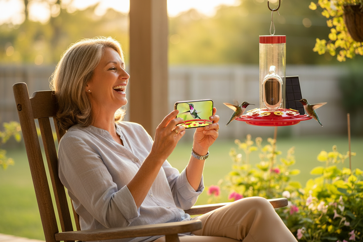 Couple enjoying hummingbird live footage on porch — SkyWatch Hummingbird Pro™