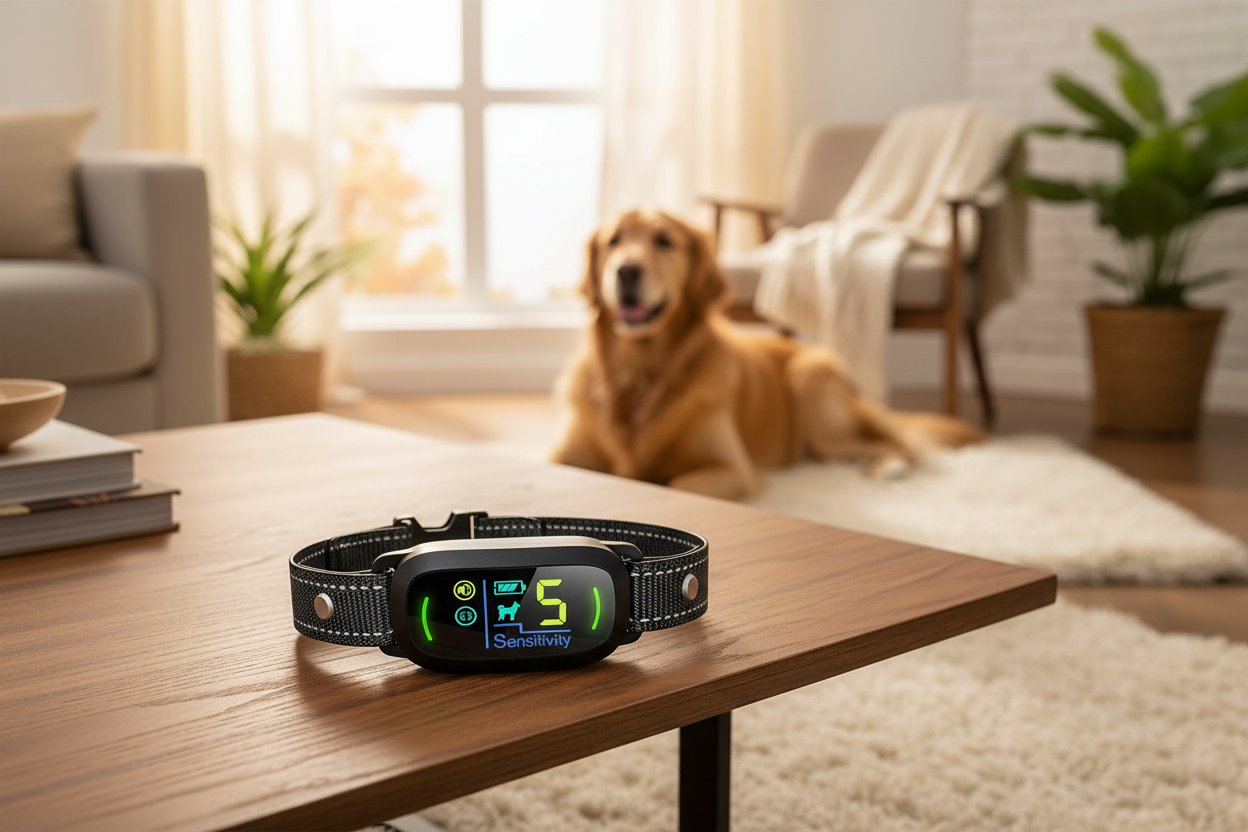 Vessel Tech bark training collar on a table, black nylon, with display showing sensitivity level
