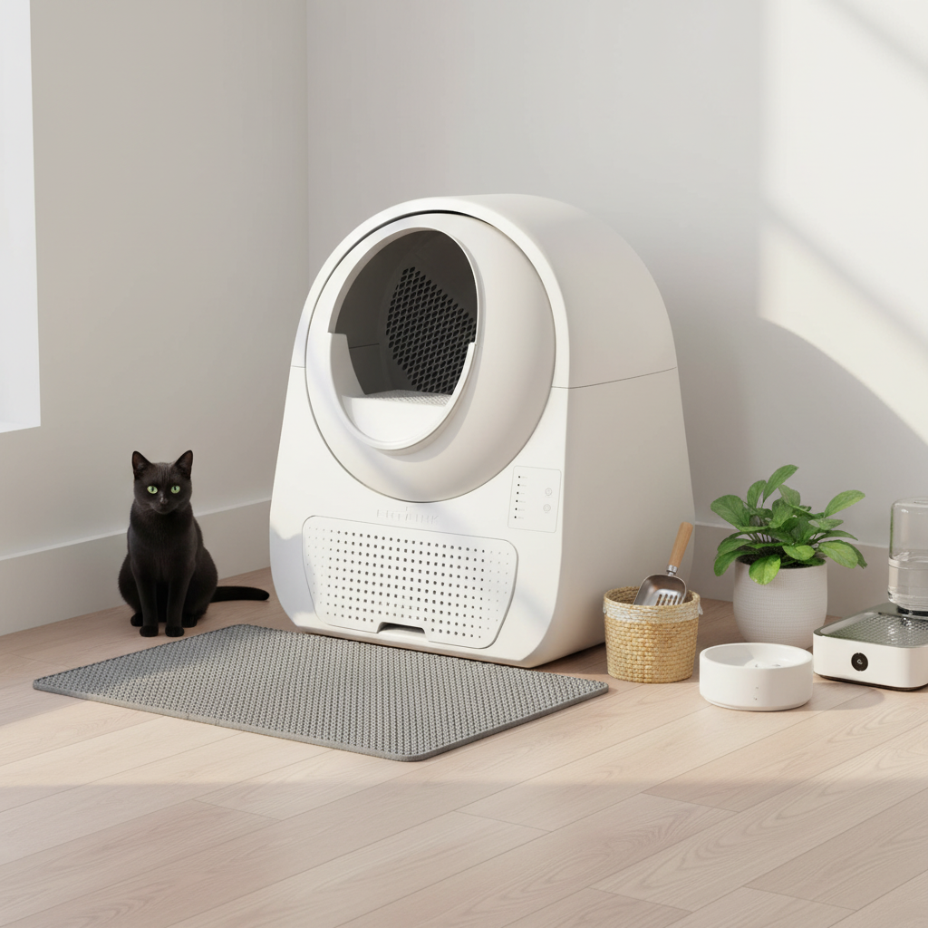 Vessel Tech gray cat litter mat beside a white litter box and a black cat.