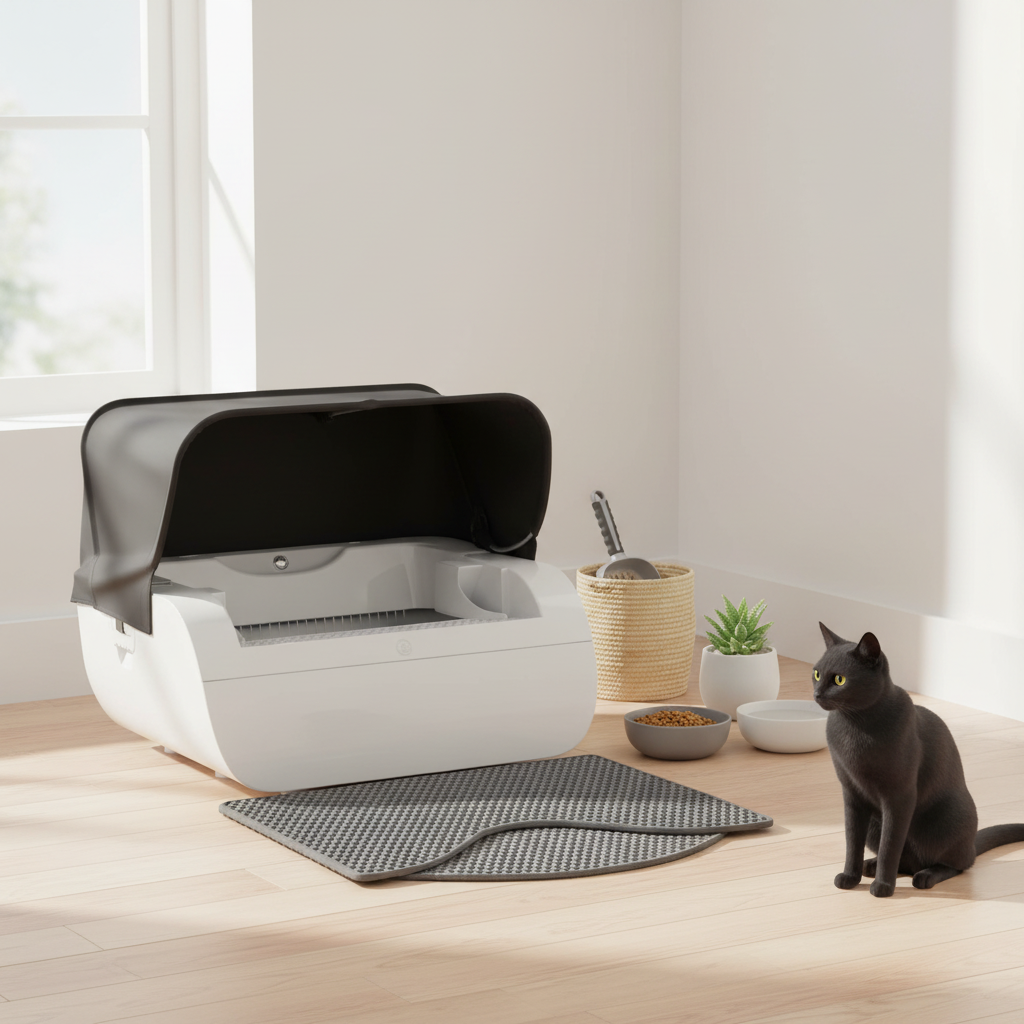 Vessel Tech cat litter mat in gray positioned under a litter box with a black cat nearby