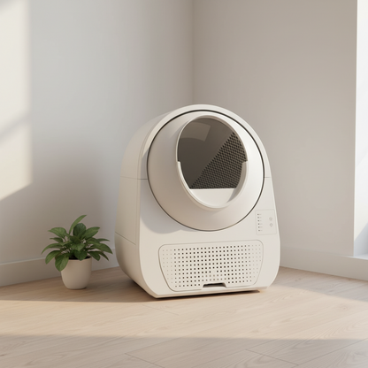 Vessel Tech Smart Self-Cleaning Litter Suite in Arctic White, side view in a bright room