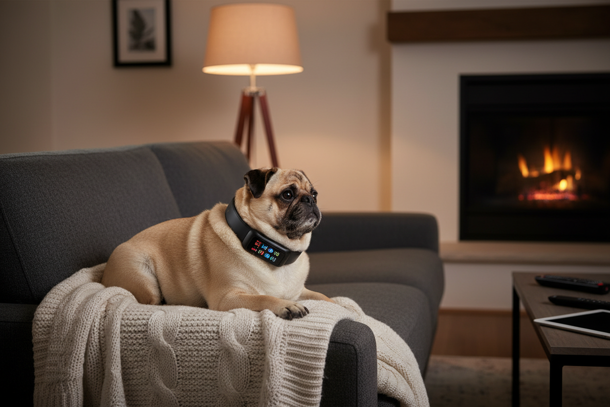 Vessel Tech Bark Training Collar in black on a pug resting on a couch