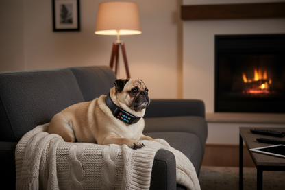 Vessel Tech Bark Training Collar in black on a pug resting on a couch