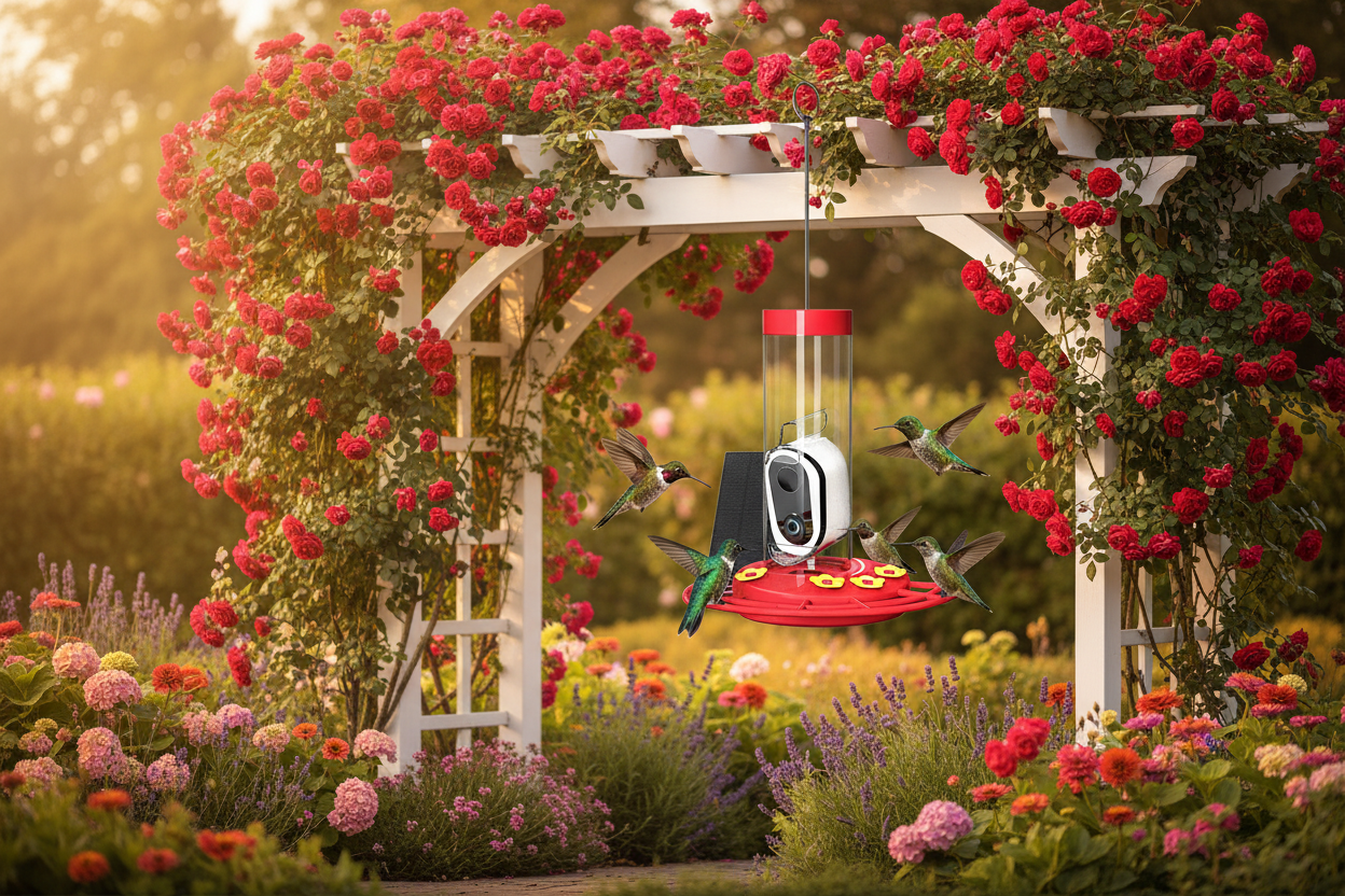 SkyWatch Hummingbird Pro™ feeder on rose pergola — hummingbird approaching