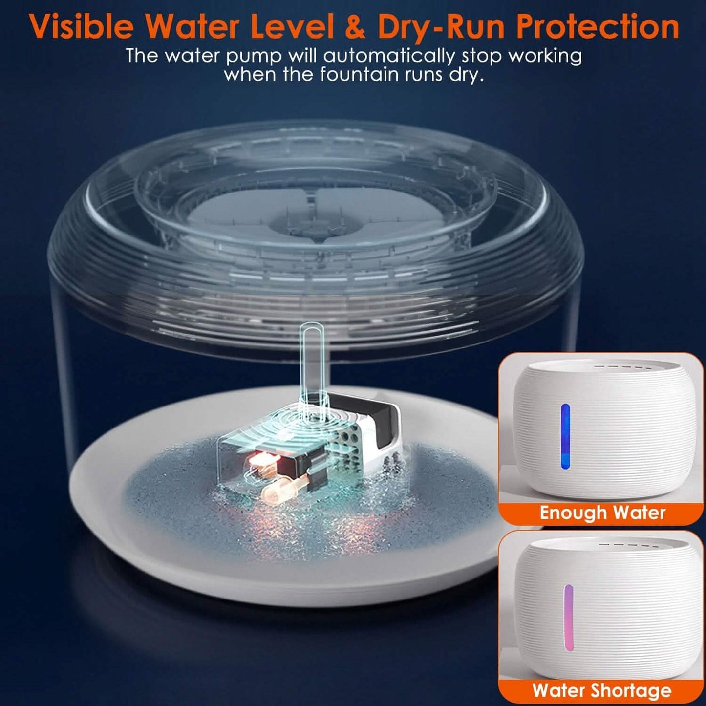 Vessel Tech pet water fountain with visible water level and pump detail, top view
