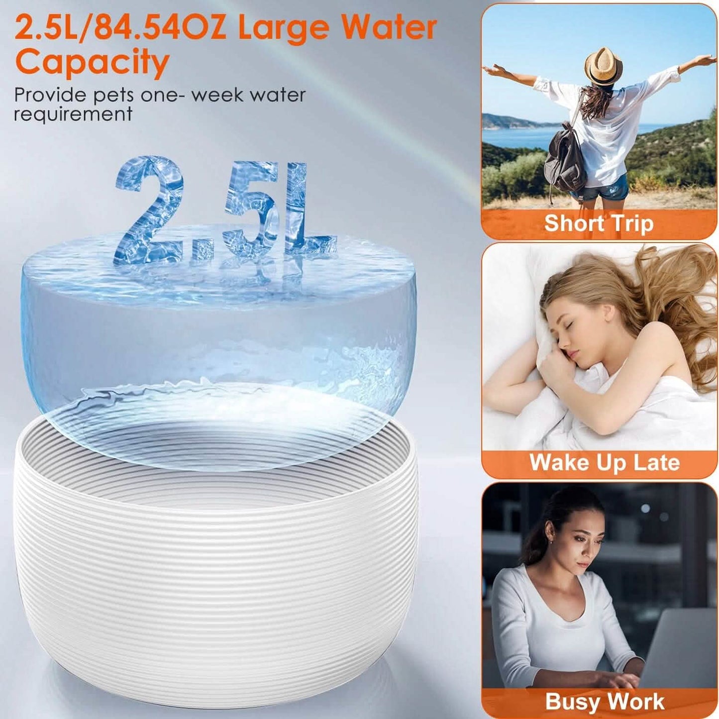 Vessel Tech pet water fountain showcasing 2.5L water capacity, top view