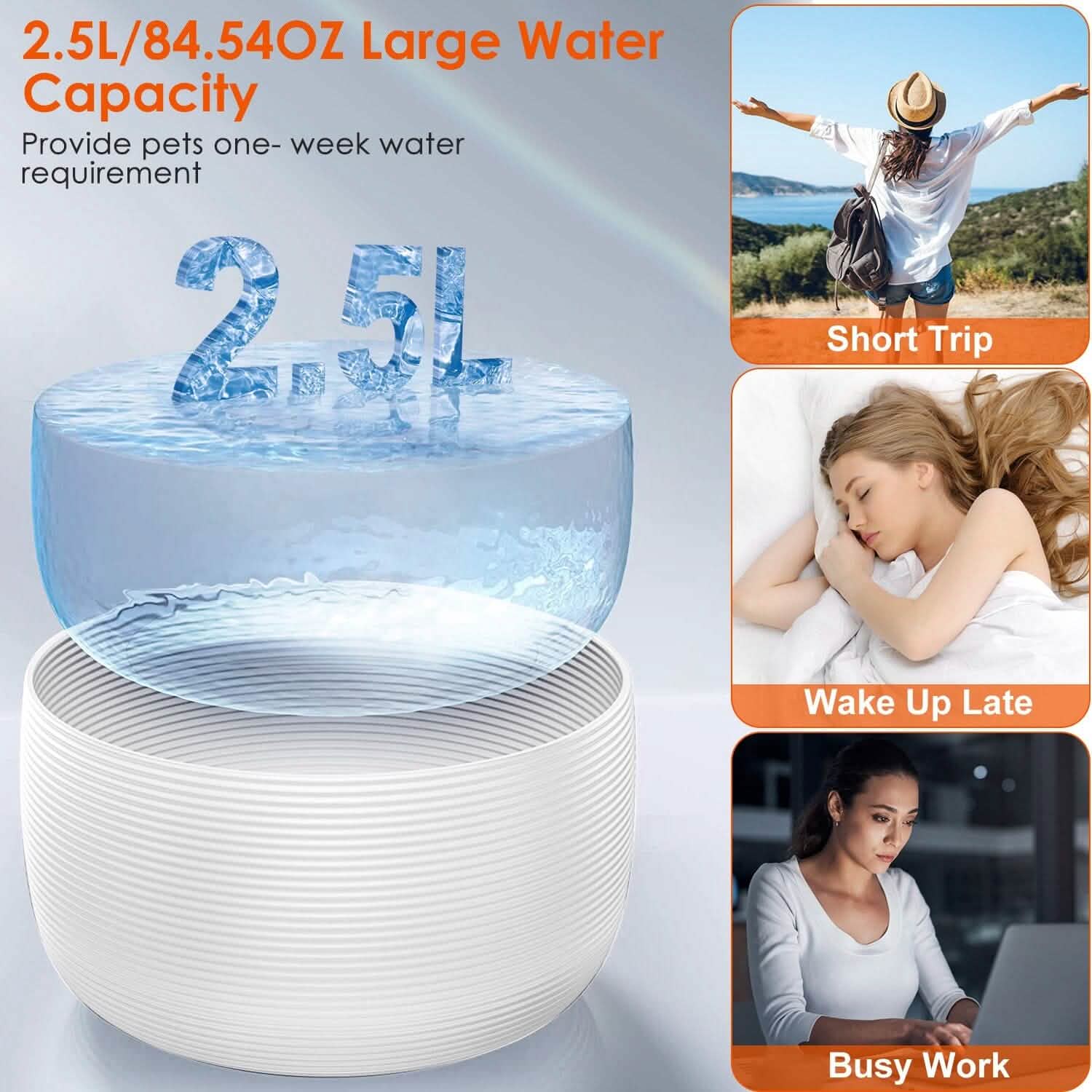Vessel Tech pet water fountain showcasing 2.5L water capacity, top view
