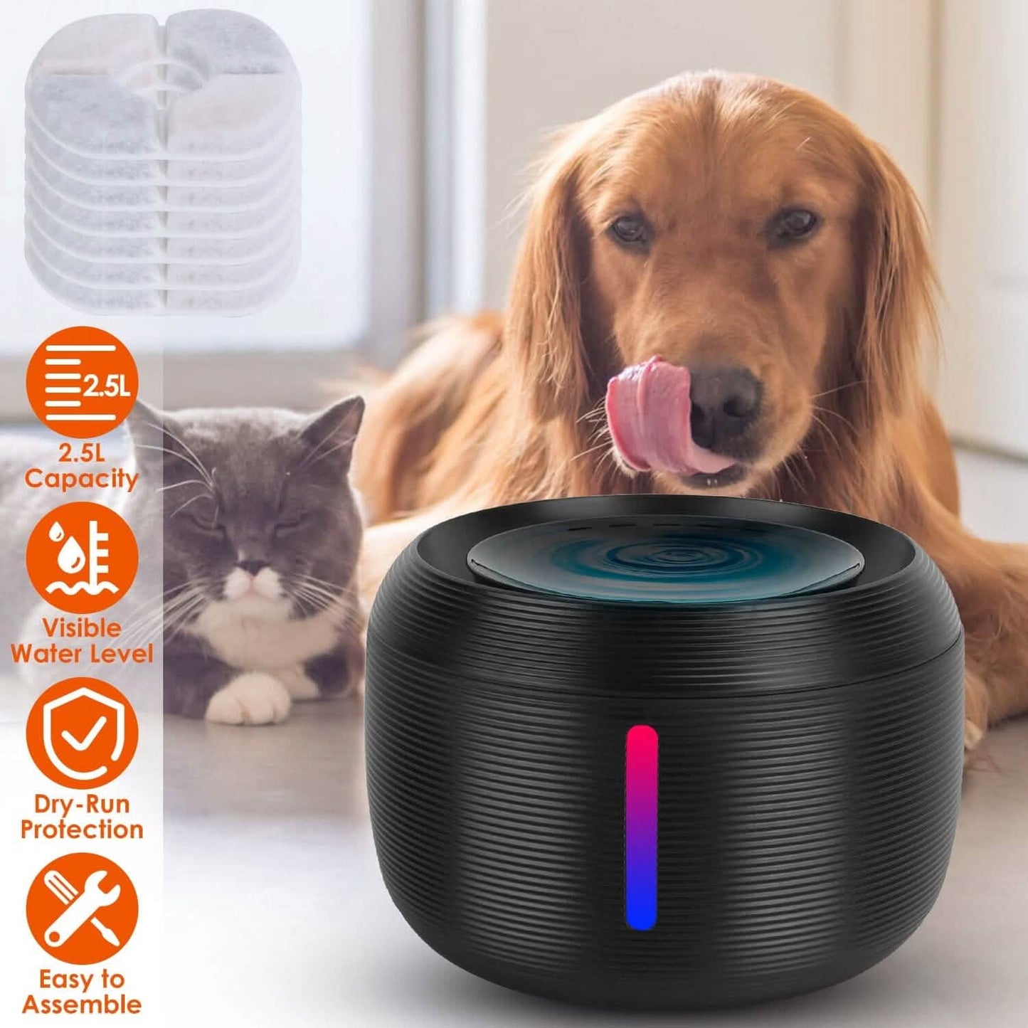 Vessel Tech black pet water fountain with dogs, front view, showing 2.5L capacity