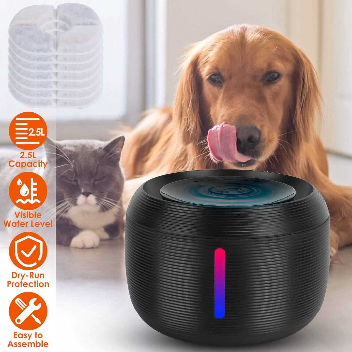 Vessel Tech black pet water fountain with dogs, front view, showing 2.5L capacity