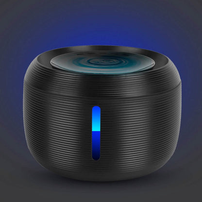 Vessel Tech black pet water fountain with blue light, top view