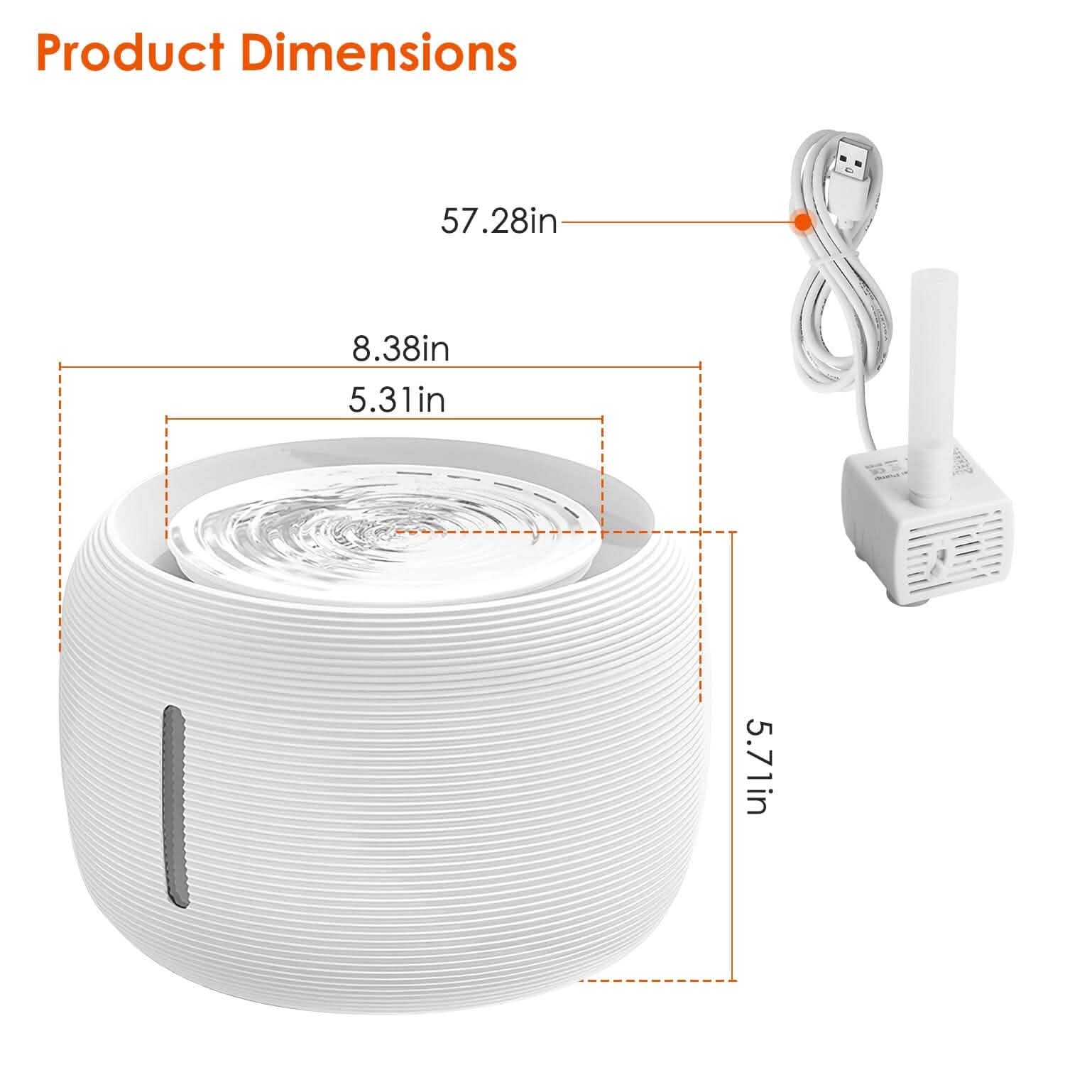 Vessel Tech pet water fountain dimensions displayed with USB cable, side view