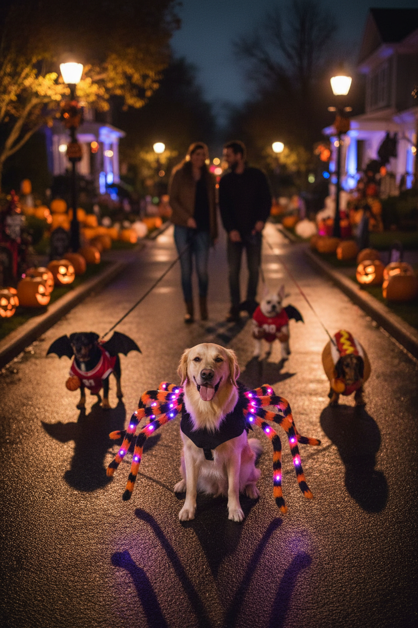 Dog in the SpiderPup spider costume with other costumed dogs on a Halloween street