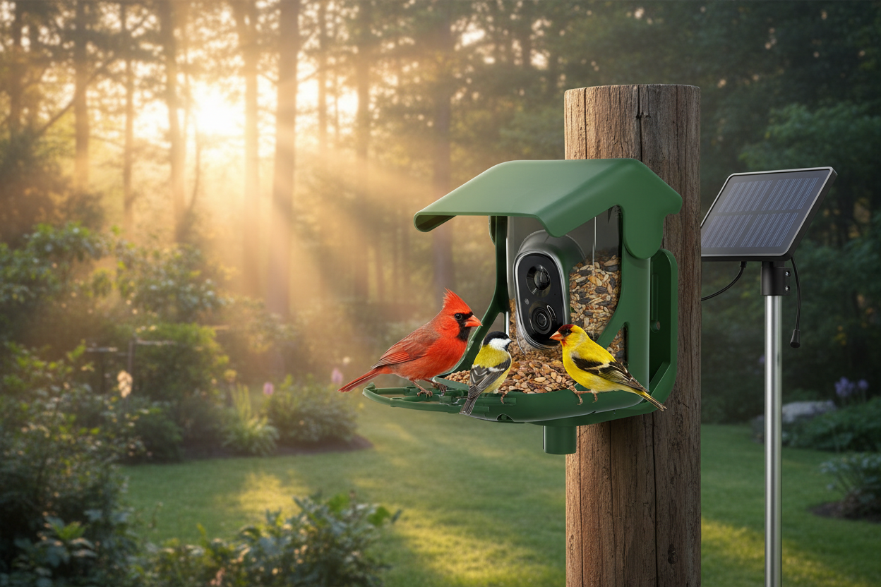 Multiple birds feeding at sunrise — SkyWatch ProVision 2.5K™ Solar AI Feeder