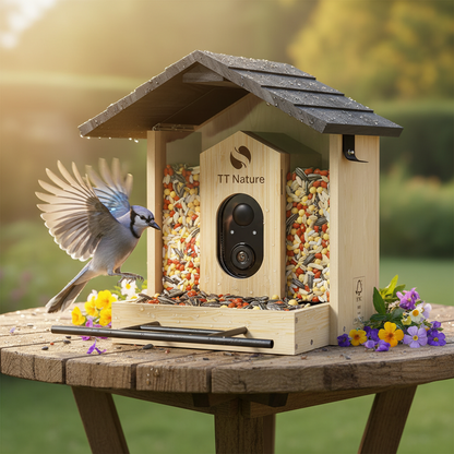 Birds actively feeding at Netvue Birdfy™ AI Wood Feeder — action shot