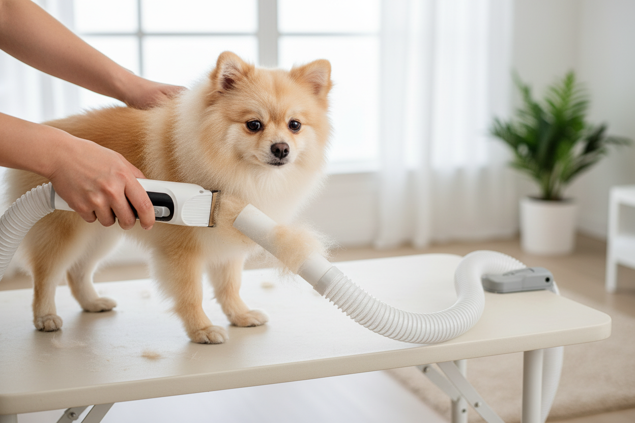 Vessel Tech Sonic 5-in-1 Pet Grooming Pro with Vacuum System grooming a Pomeranian on a table