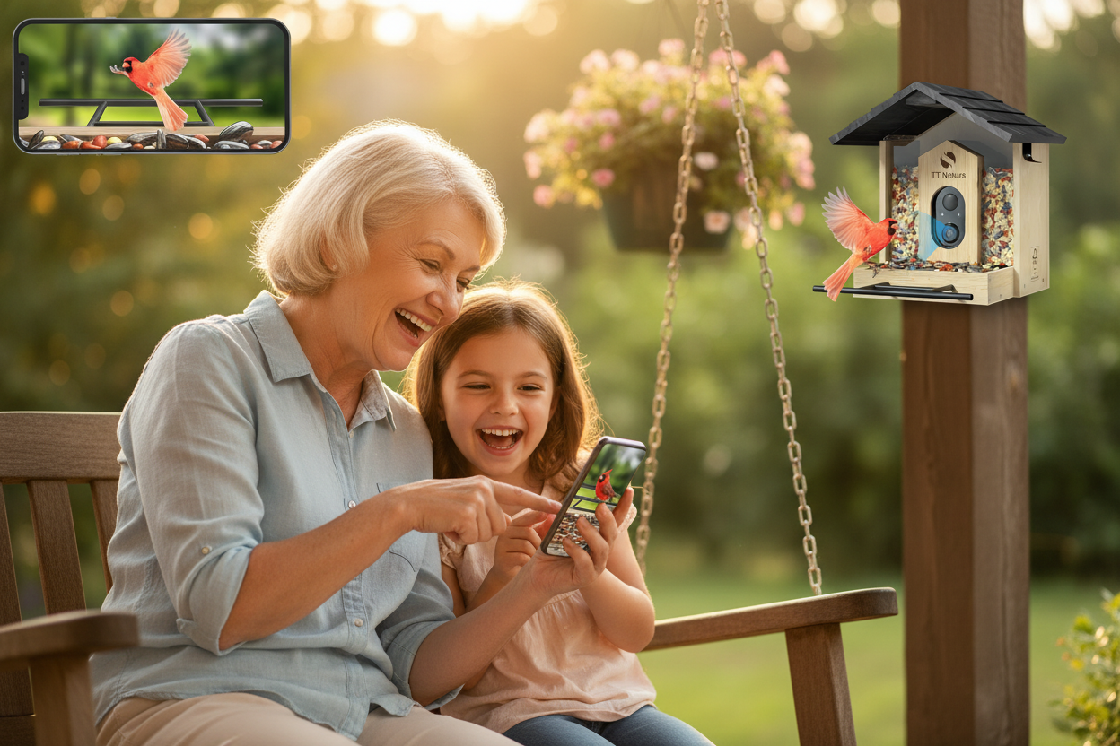 Emotional family moment watching birds together via Netvue Birdfy™ shared app