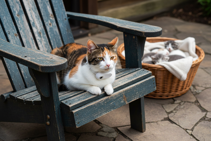 Vessel Tech Smart Pet Camera in white on a calico cat in a garden setting