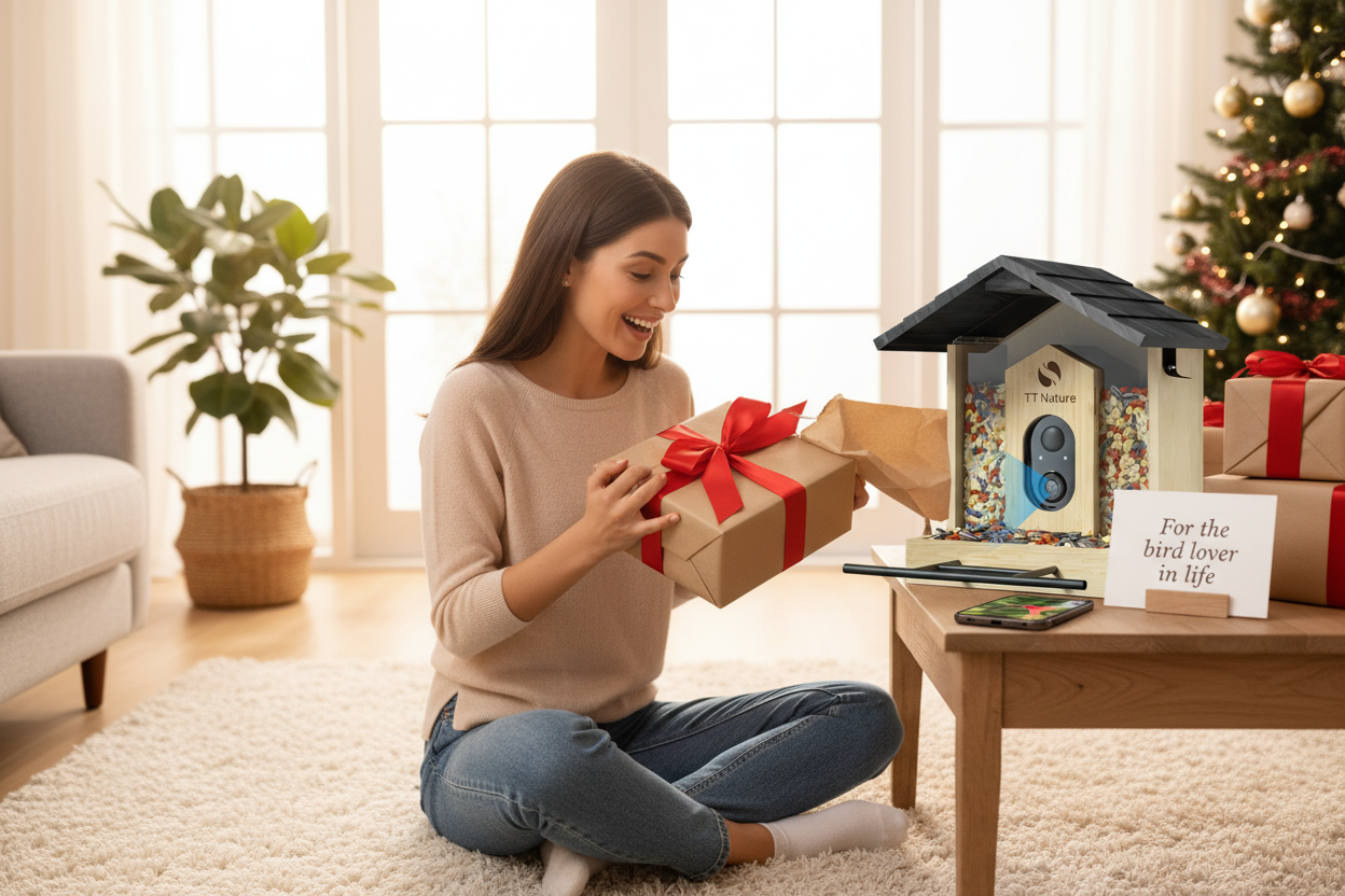 Netvue Birdfy™ AI Wood Bird Feeder — perfect gift unwrapping moment