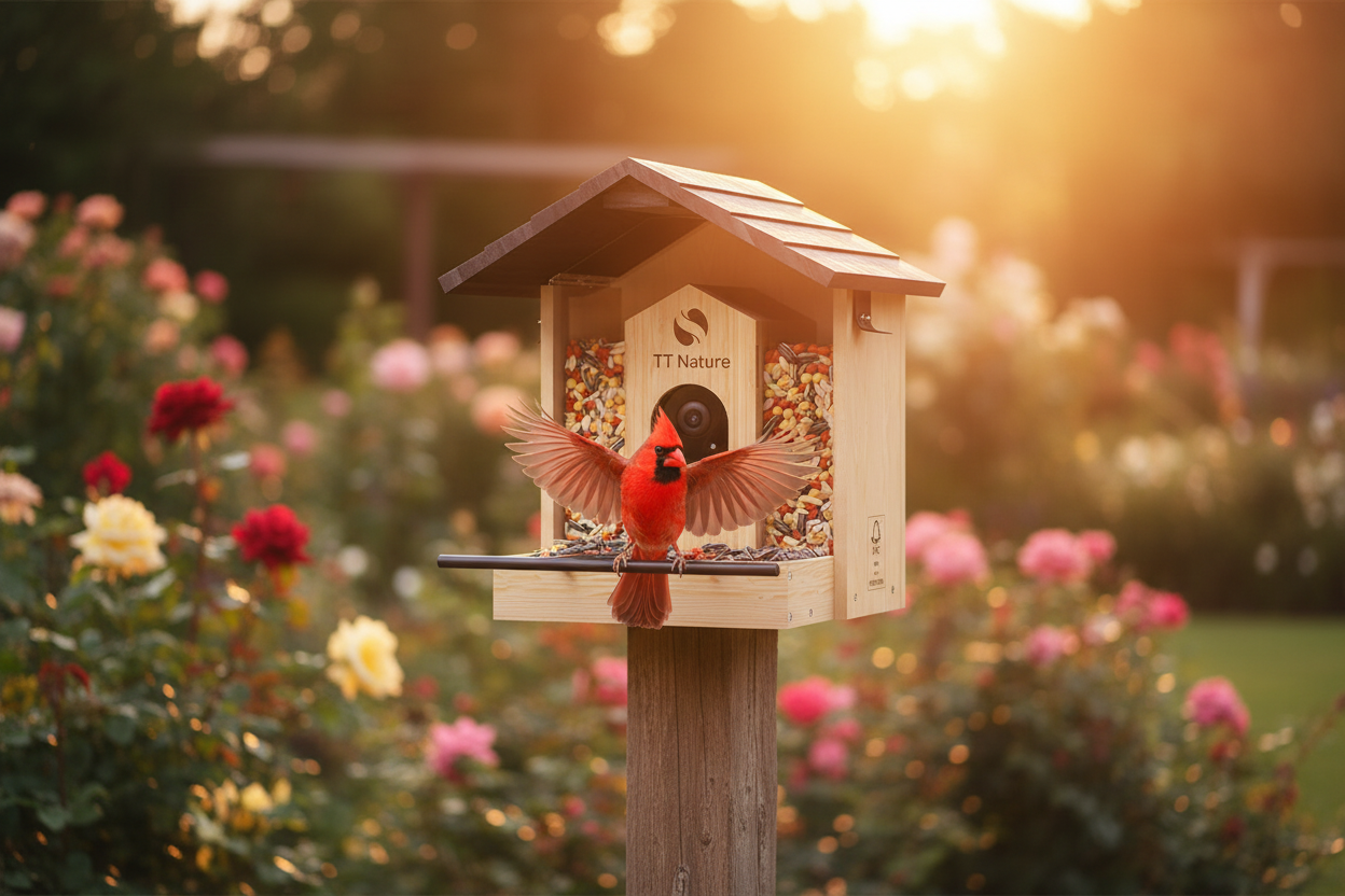 Netvue Birdfy™ AI Sanctuary Wood Bird Feeder — premium hero shot in garden