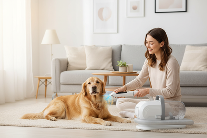 Vessel Tech Sonic 5-in-1 Pet Grooming Pro with Vacuum System in use on a golden retriever