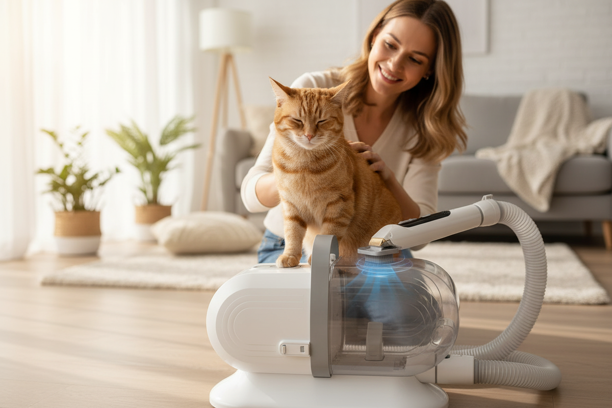 Vessel Tech Sonic 5-in-1 Pet Grooming Pro with vacuum system, in use with a cat on a floor