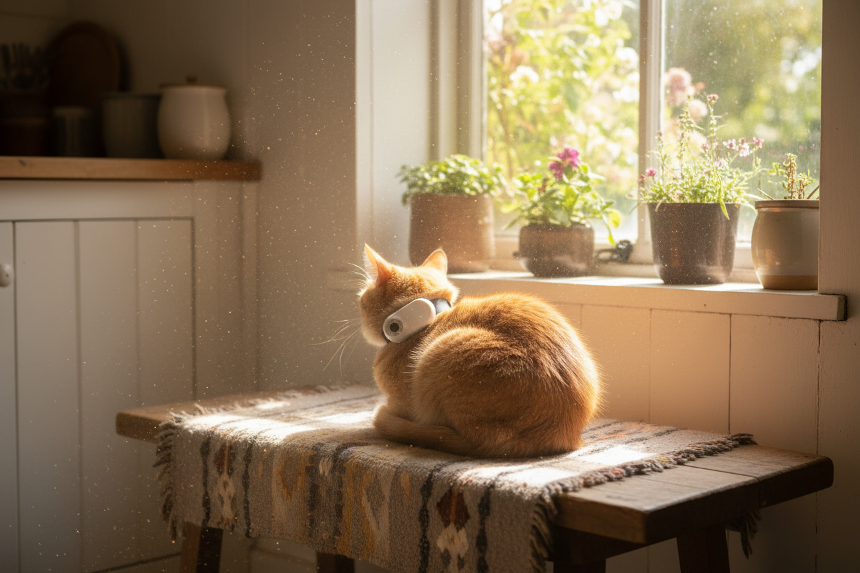 Vessel Tech Smart Pet Camera in white on an orange cat sitting by a window