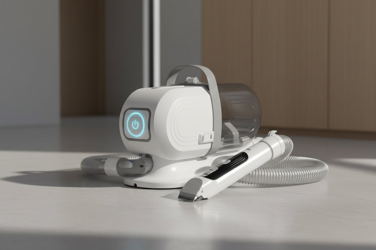 Vessel Tech Sonic 5-in-1 Pet Grooming Pro with vacuum system, side view on a surface