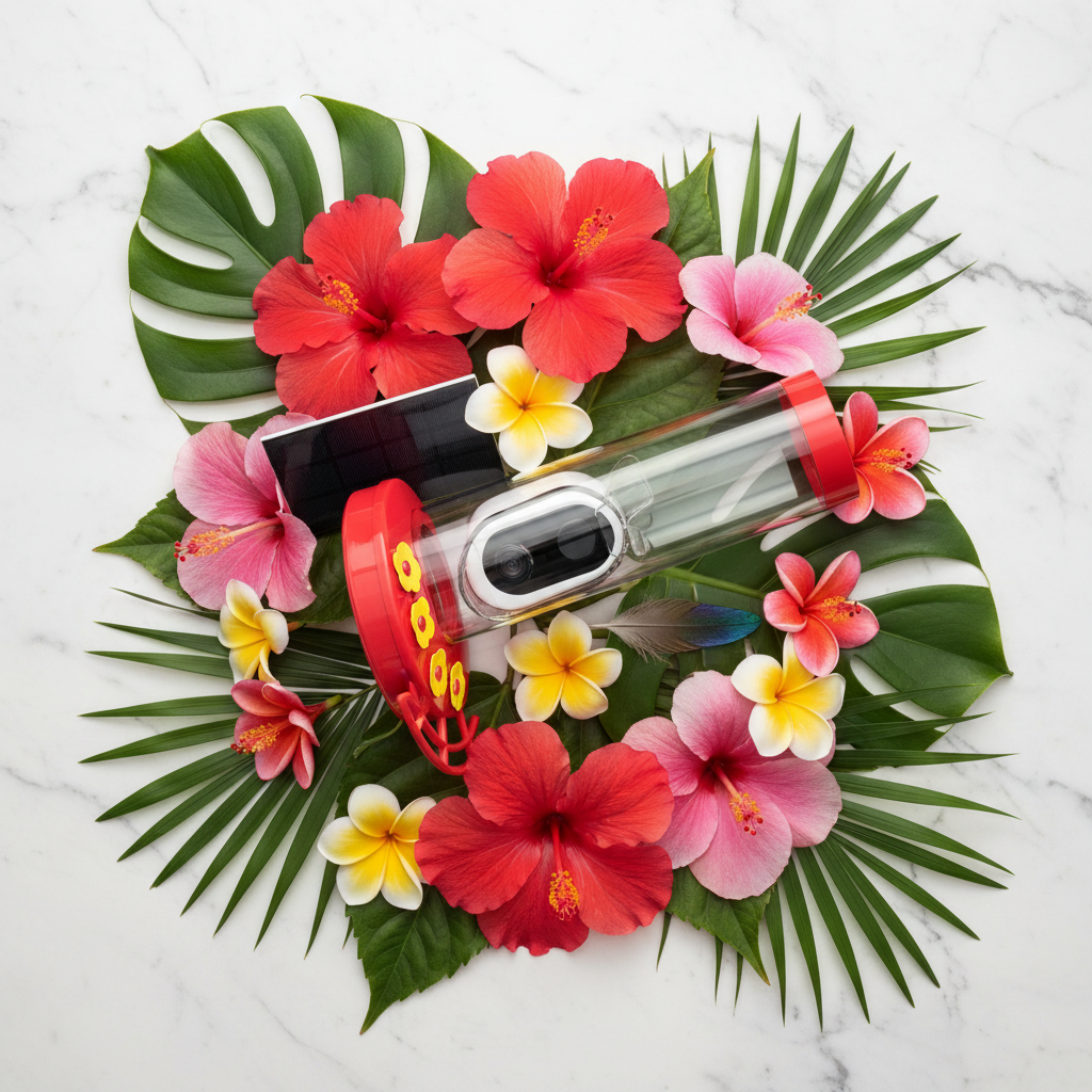SkyWatch Hummingbird Pro™ product flat lay — tropical garden setting