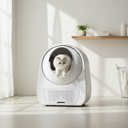 Vessel Tech Smart Self-Cleaning Litter Suite in Arctic White with a cat inside, front view